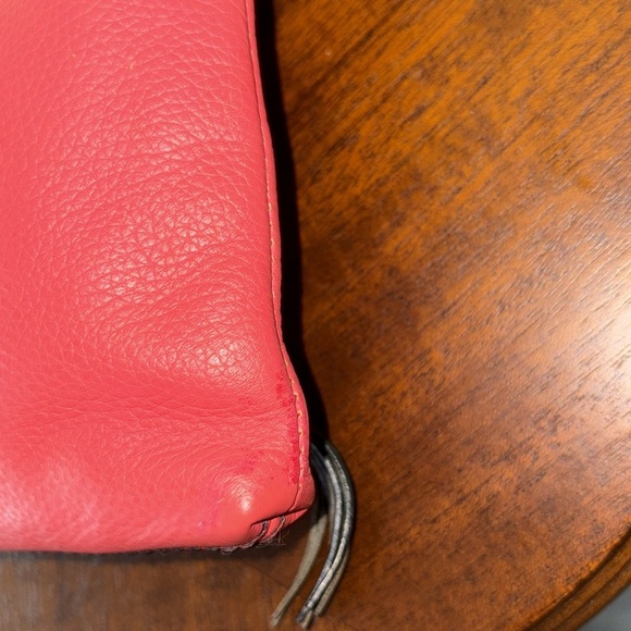 Halogen  Crossbody bag  envelope style pebbled leather  dark, coral, black trim - Picture 11 of 17